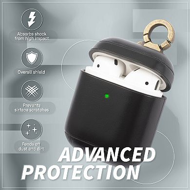 For Airpods 1 / 2 Genuine Leather Case Luxury Cover With Keychain Hook Black