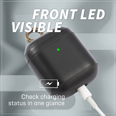 For Airpods 1 / 2 Genuine Leather Case Luxury Cover With Keychain Hook Black