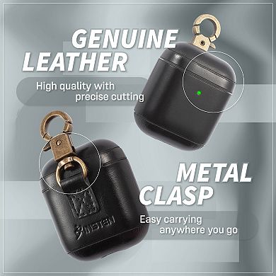 For Airpods 1 / 2 Genuine Leather Case Luxury Cover With Keychain Hook Black