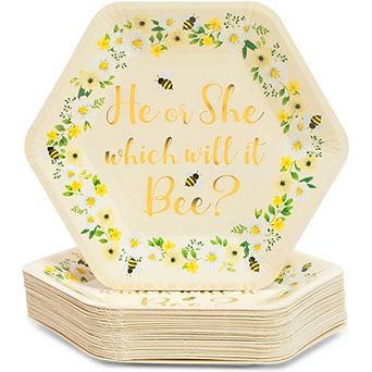 Bee Paper Plates For Gender Reveal Party (9 Inch Hexagon, 48 Pack)