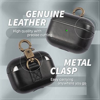 For Airpods Pro Genuine Leather Case Luxury Skin Cover With Keychain Hook Black
