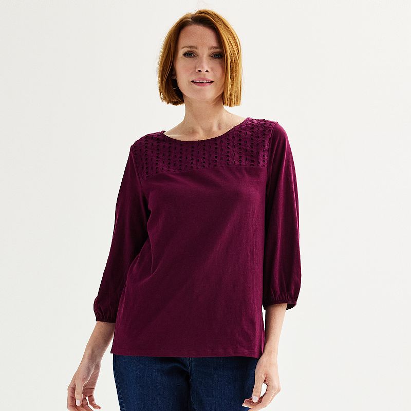 Women's Croft & Barrow® Eyelet Yoke 3/4-Sleeve Top