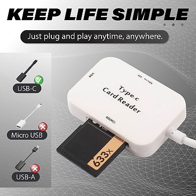 Insten Portable Usb Type C Card Reader, For Sdhc, Sd, Micro Sd Card, White