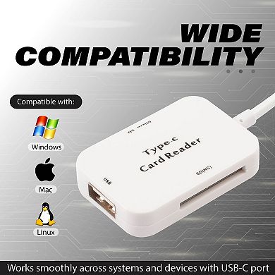 Insten Portable Usb Type C Card Reader, For Sdhc, Sd, Micro Sd Card, White
