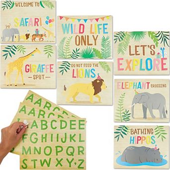 7 pc Jungle Safari Animal Kids Party Welcome Signs W/ Alphabet Sticker Decoration