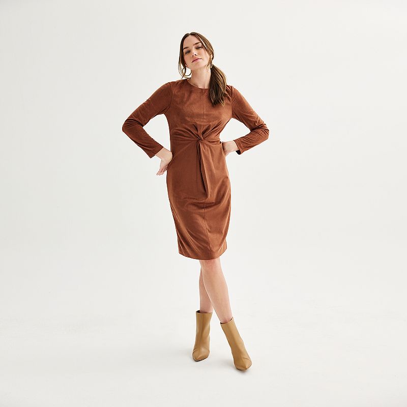 nicole miller brown dress Women's Faux Suede Long Sleeve Twist Front drenched day in the