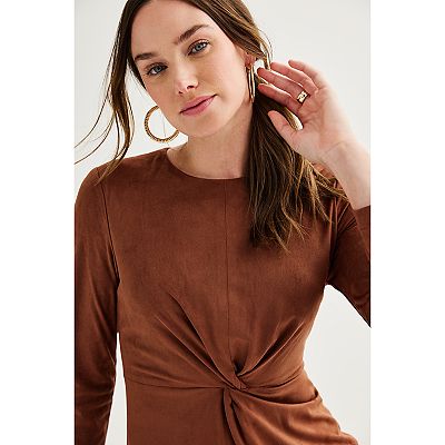 Women s Nicole Miller Faux Suede Long Sleeve Twist Front Dress