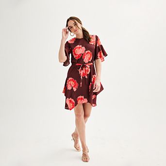 Women's Nicole Miller Flutter Sleeve Tie Waist Satin Dress