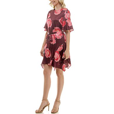 Women's Nicole Miller Flutter Sleeve Tie Waist Satin Dress