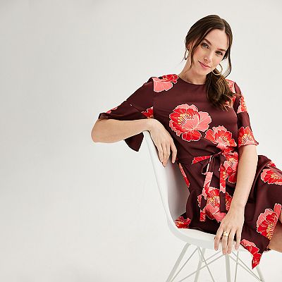 Women's Nicole Miller Flutter Sleeve Tie Waist Satin Dress