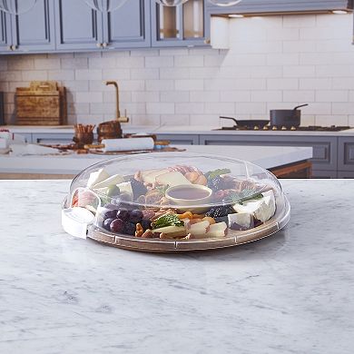 Farberware Build-a-Board 14" Acacia Lazy Susan Charcuterie Board with Clear Locking Lid
