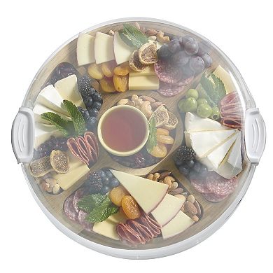 Farberware Build-a-Board 14" Acacia Lazy Susan Charcuterie Board with Clear Locking Lid