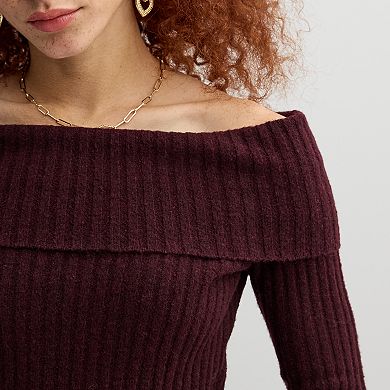 Juniors' SO Off-Shoulder Foldover Neckline Ribbed Sweater