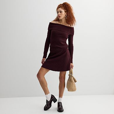 Juniors' SO Off-Shoulder Foldover Neckline Ribbed Sweater