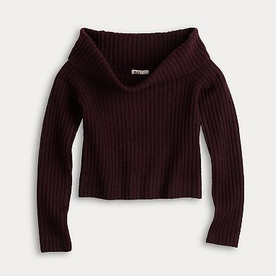 Juniors' SO Off-Shoulder Foldover Neckline Ribbed Sweater