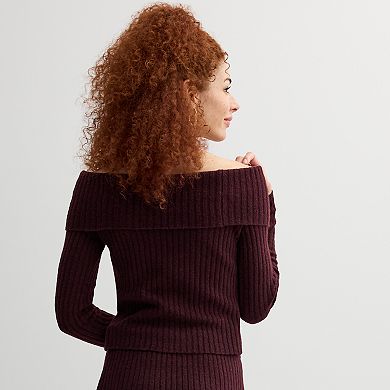 Juniors' SO Off-Shoulder Foldover Neckline Ribbed Sweater