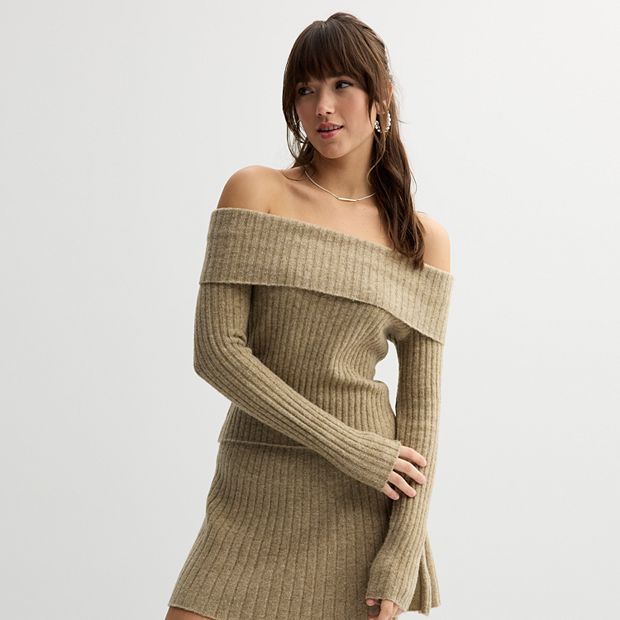 Juniors' SO® Off-Shoulder Foldover Neckline Ribbed Sweater