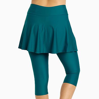 Women's High Waisted Flared Swim Skort With Capri Leggings