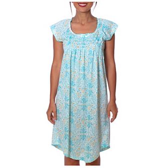 Women's Cap Sleeves Fancy Smocked Ribbon Floral Design Nightgown