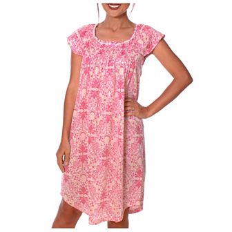 Women's Cap Sleeves Fancy Smocked Ribbon Floral Design Nightgown