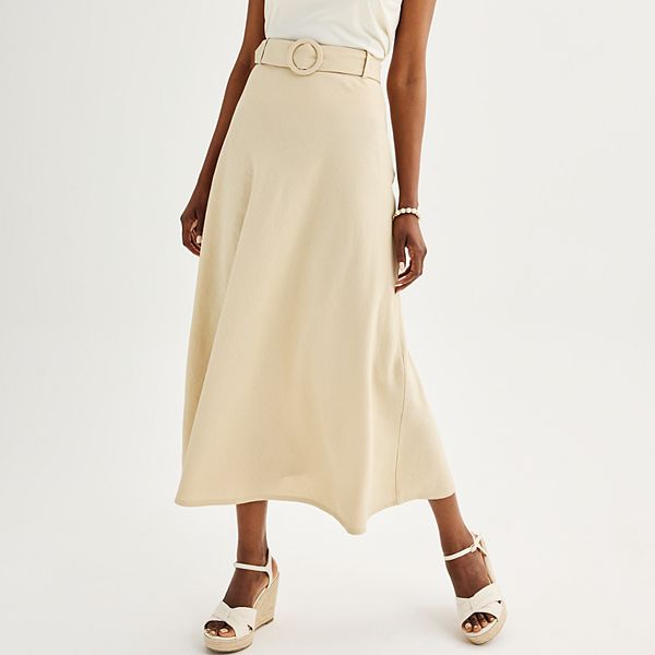 Women's T Tahari Woven Linen Midi Skirt with Detachable Belt