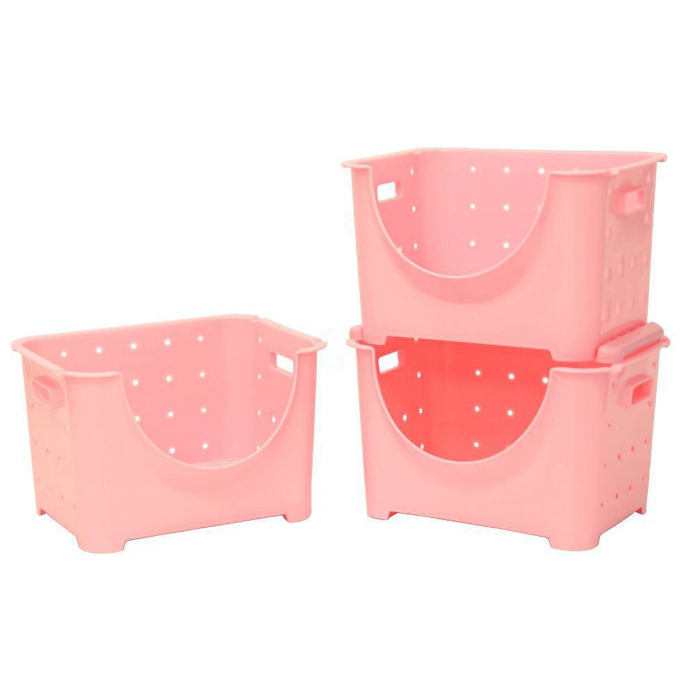 Stackable Plastic Storage Container, Set Of 3 Pink