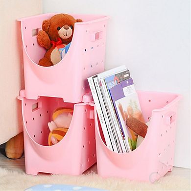 Stackable Plastic Storage Container, Set Of 3 Pink