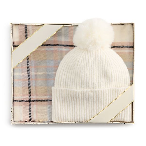 Women's Nine West Plaid Scarf & Beanie Hat Gift Set - Ivory