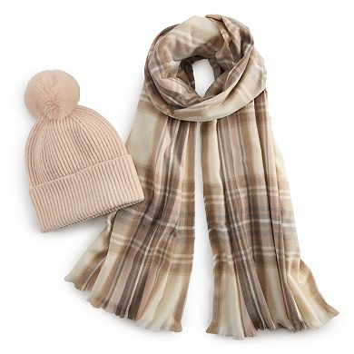 Women's Nine West Classic Plaid Scarf & Solid Pompom Beanie Boxed Set