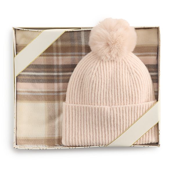 Women's Nine West Classic Plaid Scarf & Solid Pompom Beanie Boxed Set - Blush