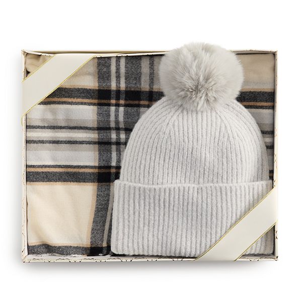 Women's Nine West Classic Plaid Scarf & Solid Pompom Beanie Boxed Set - Gray