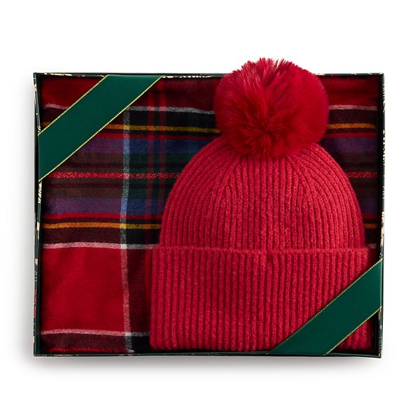 Women's Nine West Classic Plaid Scarf & Solid Pompom Beanie Boxed Set - Red