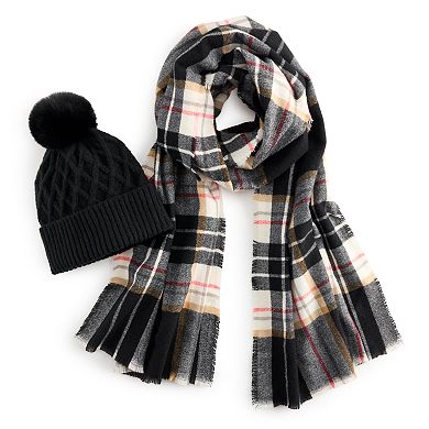 Women's Nine West Classic Plaid Scarf & Diamond Stitch Beanie Hat Gift Set