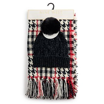 Women's Nine West Chenille Oversized Blanket Wrap Scarf & Beanie Set