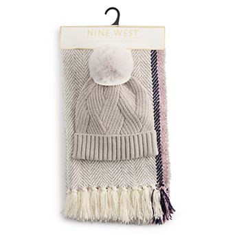 Women's Nine West Chenille Oversized Blanket Wrap Scarf & Beanie Set