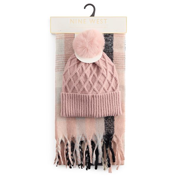 Women's Nine West Chevron Stripe Hat and Scarf Set - Blush Neutral