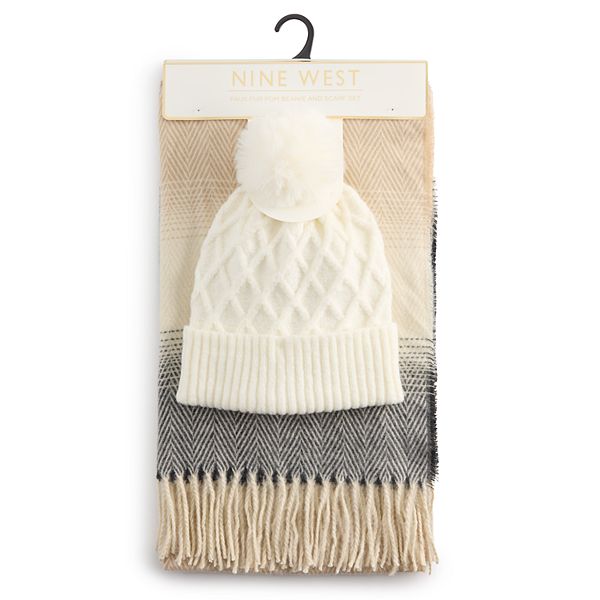 Women's Nine West Chevron Stripe Hat and Scarf Set - Ivory Neutral