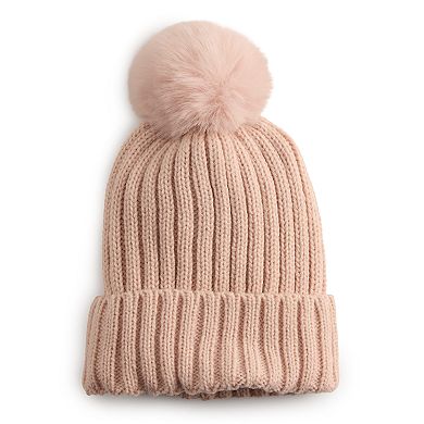 Women's Nine West Knit Faux Fur Pom Beanie Hat Gift Tube