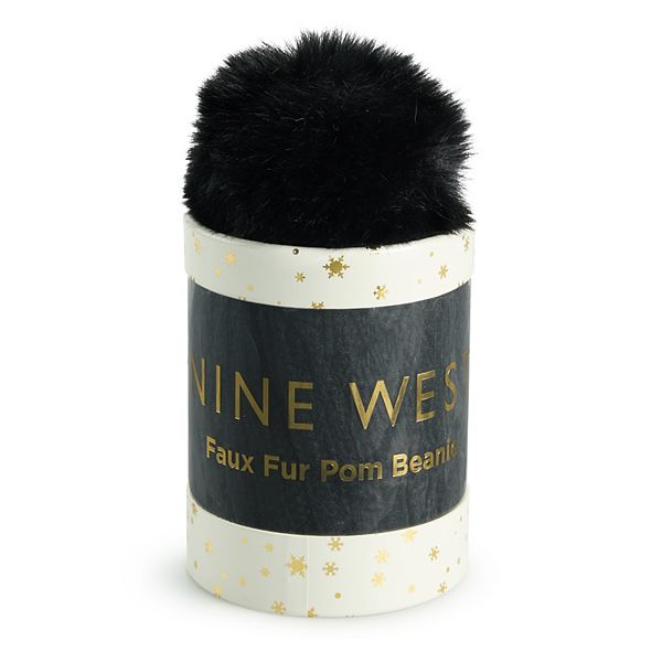 Women's Nine West Knit Faux Fur Pom Beanie Hat Gift Tube - Black