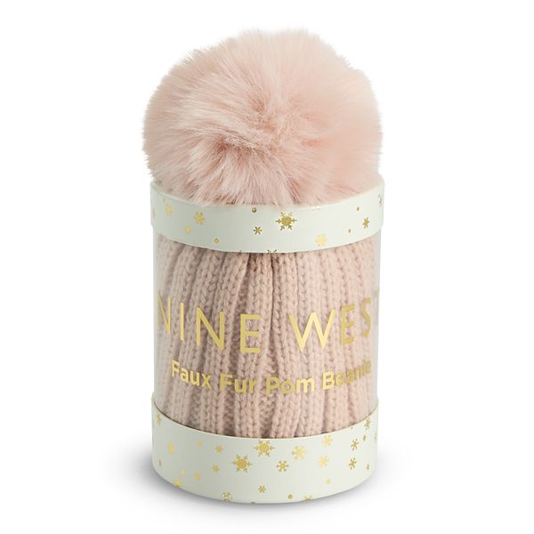 Women's Nine West Knit Faux Fur Pom Beanie Hat Gift Tube - Blush