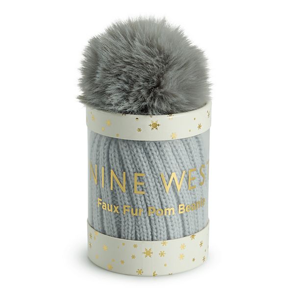 Women's Nine West Knit Faux Fur Pom Beanie Hat Gift Tube - Grey