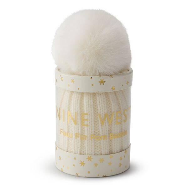 Women's Nine West Knit Faux Fur Pom Beanie Hat Gift Tube - Ivory