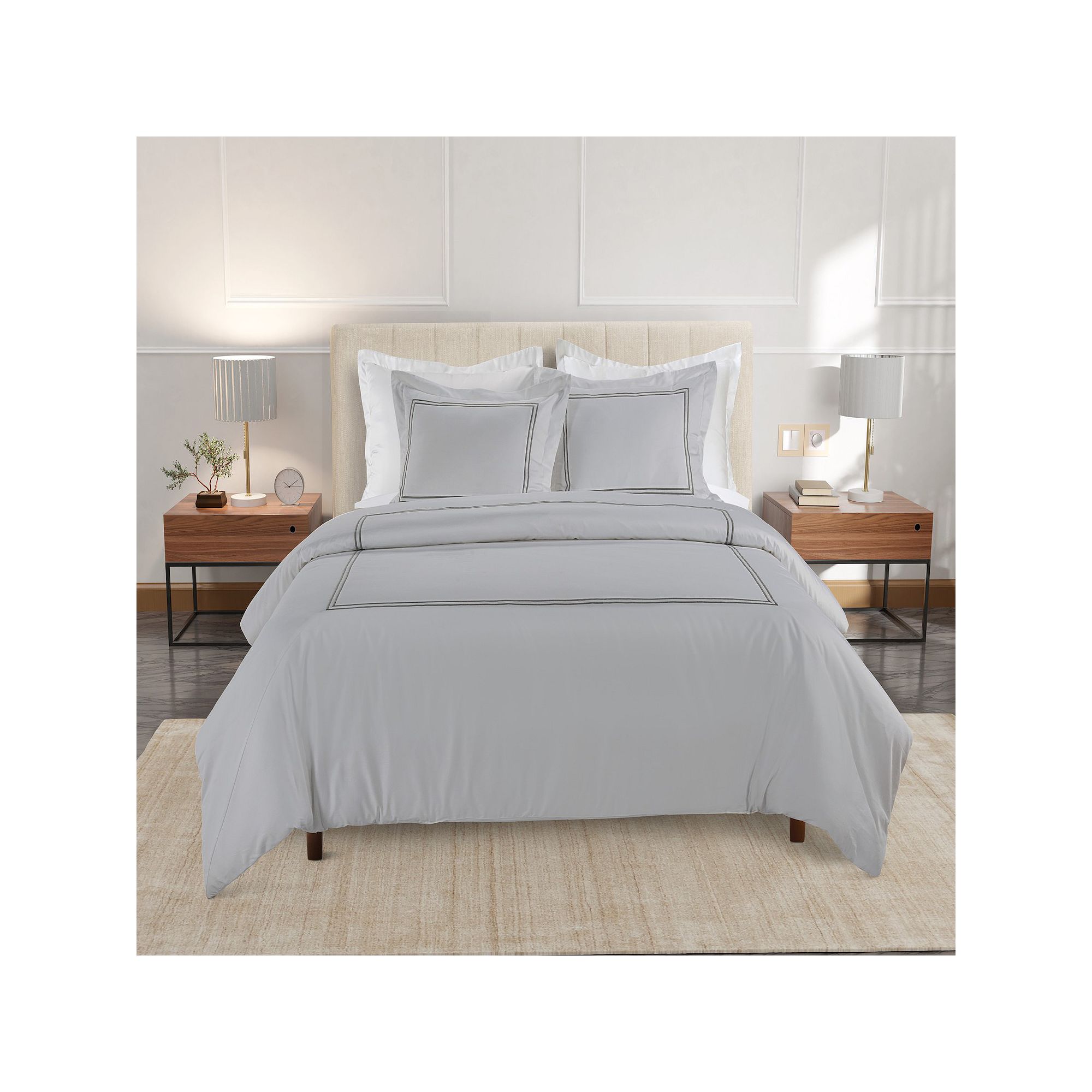Hotelier Baratta Stitch Duvet Cover Set with Shams, Gray W Drk Gray Emb