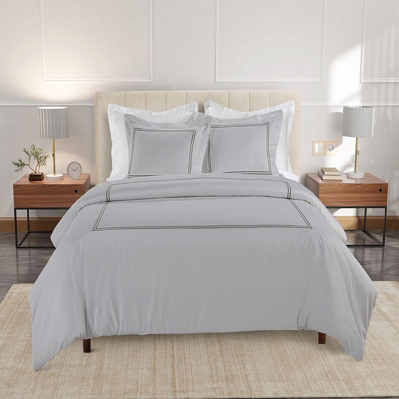 Hotelier Baratta Stitch Duvet Cover Set with Shams, Gray W Drk Gray Emb
