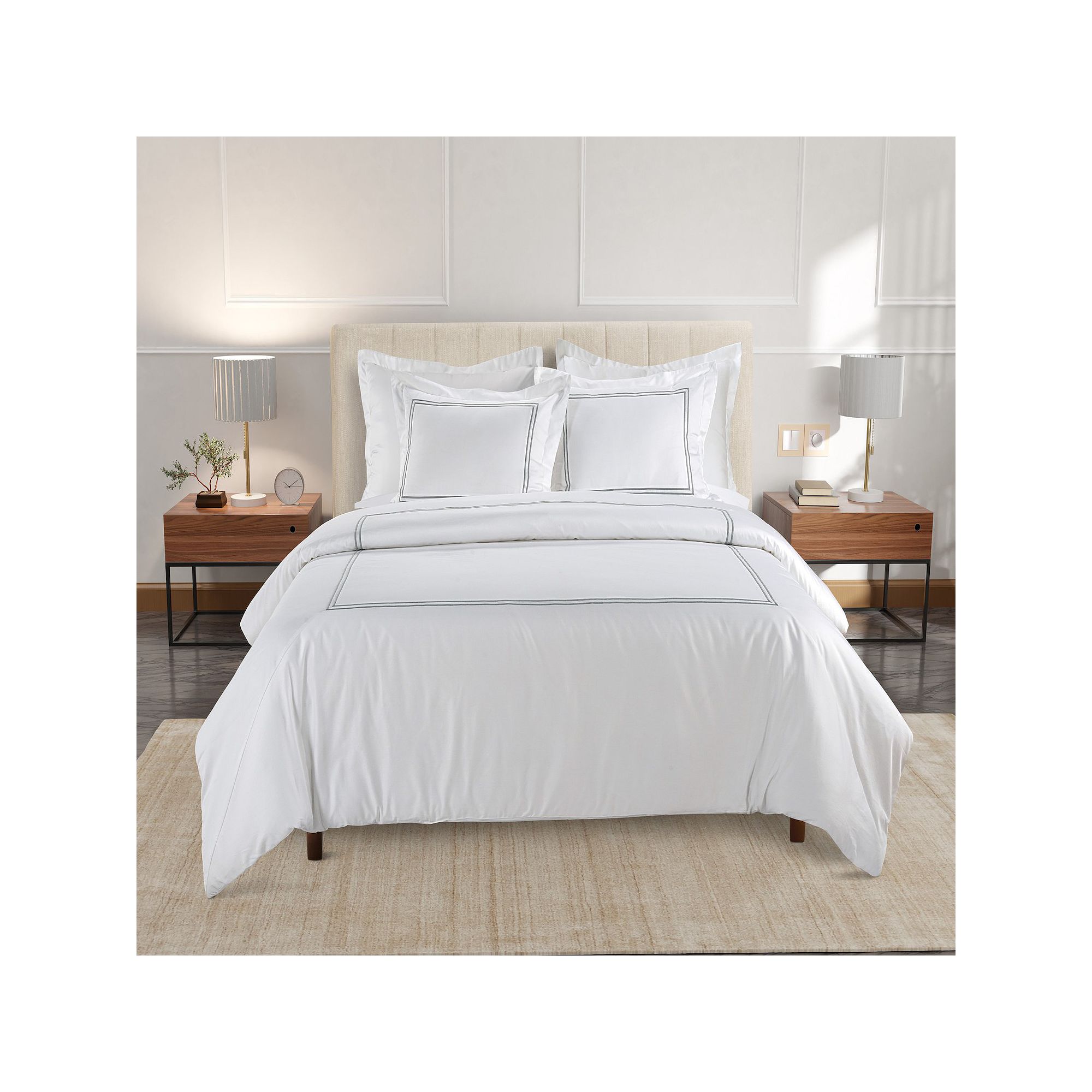 Hotelier Baratta Stitch Duvet Cover Set with Shams, White Gray Embroidery