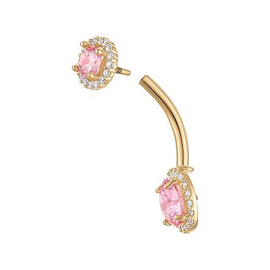 Amella Jewels 10k Gold One-Side Internally Threaded Round Top & Round Bottom Pink Cubic Zirconia Belly Ring