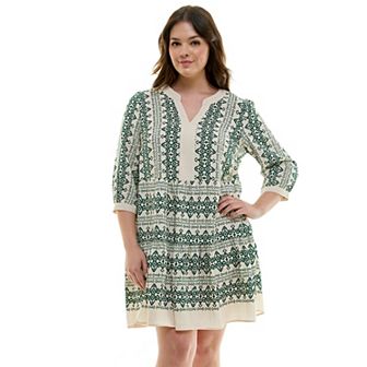 Plus Size Figueroa & Flower V-Neck Printed Baby Doll Dress