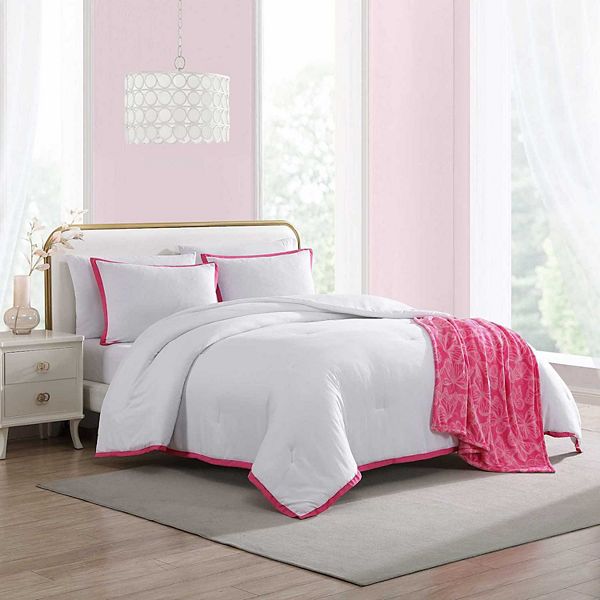 Betsey Johnson Signature Hotel Solid White and Pink King Comforter Set