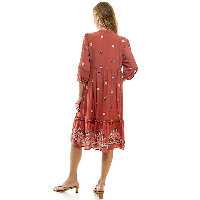 Women's Figueroa & Flower Elbow Sleeve Embroidered Midi Dress