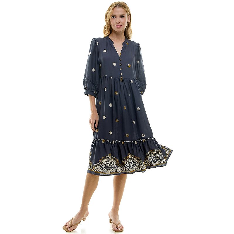 Women's Figueroa & Flower Elbow Sleeve Embroidered Midi Dress